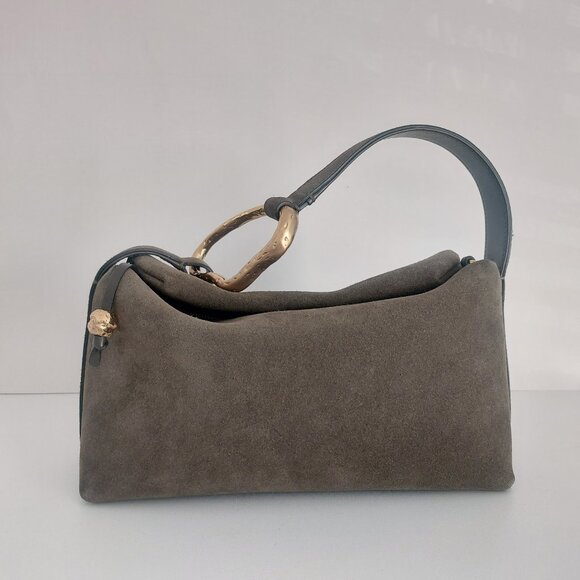 BIAGINI Dark Green Suede Shoulder Bag Italian Luxury Designer Gold Hardware NEW - Picture 16 of 16